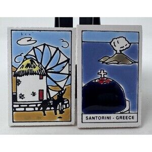 Glazed Ceramic Tile Magnets Set of 2 Santorini, Greece Greek 2”x1.5”